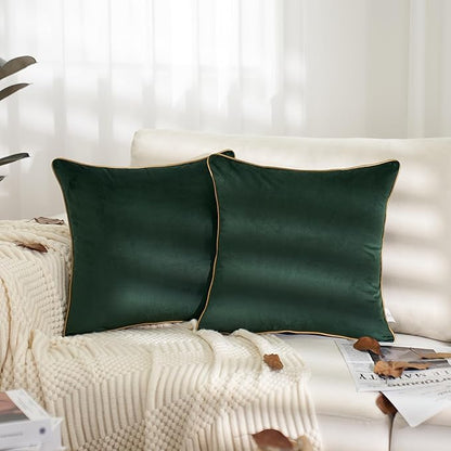 Aeckself Pack of 2 Green Velvet Pillow Covers 18 x 18 Inch, Modern Luxury Decorative Pillowcase with Gold Trim Edge, Comfortable Soft Solid Cushion Case for Couch Bedroom Living Room