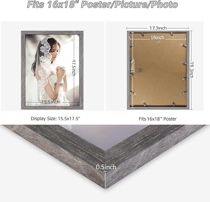 16x18 Picture Poster Frame, Rustic Gray 18 x16inch Frame, Natural 16x18 Frame, Distressed Grey Large Gallery Family Concert Photo Frame, Anniversary/Birthday/Wedding/Thank you/Christmas Gift
