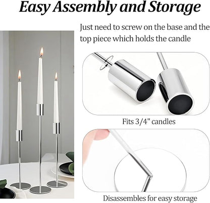 Set of 12 Silver Taper Candle Holders, Tall Candle Holder, Metal Silver Candlestick Holders, Fits 3/4 inch Thick Candle&Led Candles, for Table Centerpiece, Wedding, Dinning, Party Home Decor