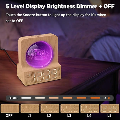 DreamSky Space Alarm Clock for Kids Teens, Small Digital Clock with RGB Night Light for Bedroom, Colorful Crystal Ball Decor for Living Room Office, Dimmer, Gifts for Boys Girls Women (Wood Grain)