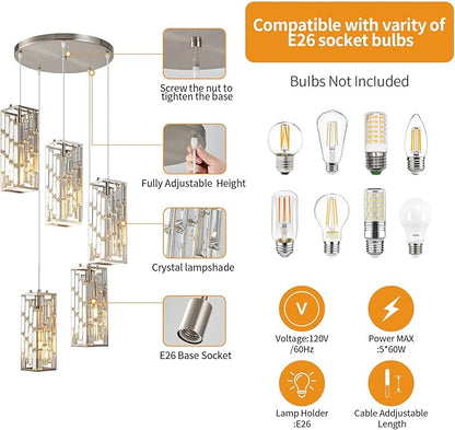 Brass Nickel Pendant Lighting Modern Pendant Light, Mini Crystal Chandeliers,Adjustable Pendant Light Fixture for Kitchen Island Dinning Room Bedroom (5 Light)