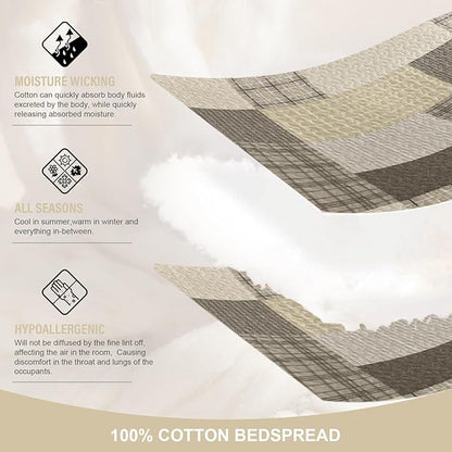 Oversized Bedspread Quilt 120x120-100% Cotton Plaid King Bedspreads Coverlet, Farmhouse Quilted Bedding Cover for All Season, Reversible, Lightweight, 3 Piece, Brown/Beige