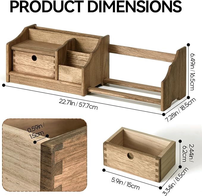 KIRIGEN Desktop Adjustable Organizer Storage Book Shelf with Drawer Wooden Desk Bookcase Workplace Storage Station Expandable Book Rack Fully Assembled SSSJ-S-DBR