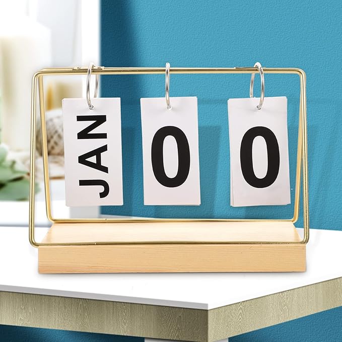 Perpetual Flip Calendar 2023 Wood Block Daily Calendar Metal Flip Christmas Countdown for Farmhouse Office Wedding Desktop Decor Golden