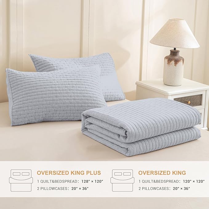 Sanracie Cotton Oversized King Bedspread(128"x120"), Cornflower Blue Soft Stonewashed Extra Large Wide Oversized Quilt Set Cross Stitch Lightweight Crinkle Coverlet Set 3Pcs for All Season