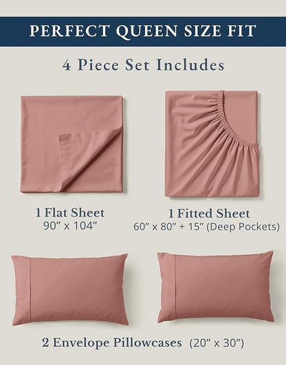 LANE LINEN 100% Organic Cotton Queen Sheets, Eco Friendly Mercerized Cotton Fully Elasticized Bedding Sheets & Pillowcase Set, Low Pill Fade Resistant Naturally Cooling Bedding Queen Size- Rose Dawn