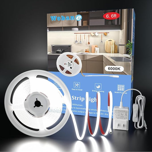 WOBANE Under Cabinet Lighting,Flexible COB LED Strip Light,Under Counter Lights for Kitchen,Mirror,Ceiling,Room,TV,Shelf,Cupboard,Desk,Showcase,ETL Listed,6.6ft,640LEDs,6000K White,900lm