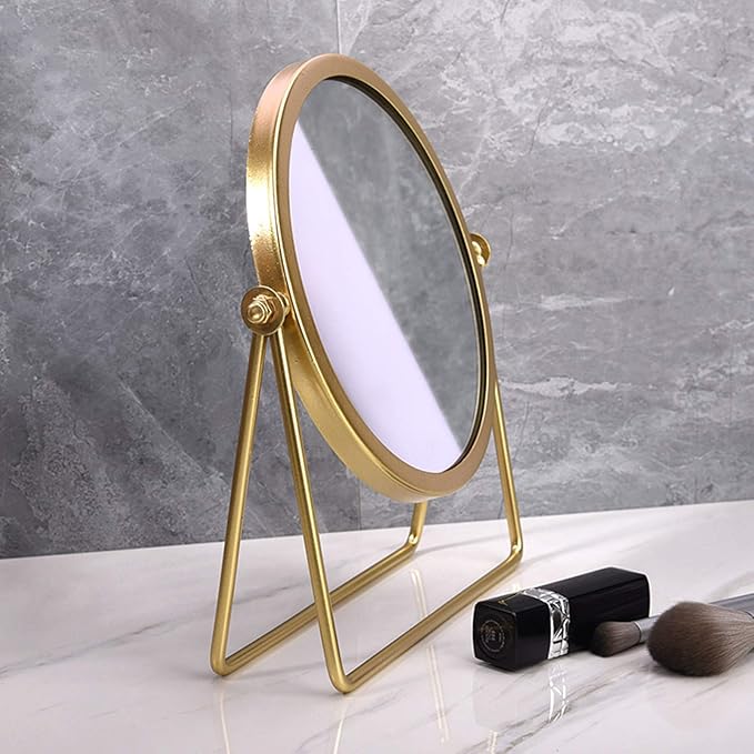Iron Tabletop Makeup Mirror, Round Swivel Desktop Stand Mirror, 360°Rotation One-Sided Dressing Table Mirror(Golden)