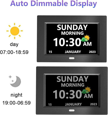 7 Inch Clock with Day and Date for Elderly Large Display Digital Clocks 12 Alarms 3 Display Modes Large Font Alzheimer's Clock Alarm Clocks for Seniors Auto DST Black