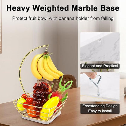 Livabber Countertop Fruit Basket Bowl with Banana Hanger, Modern Standing Fruit Vegetable Bowl Storage, with Banana Tree Holder for Kitchen Dinning Table (Square Marble, Gold)