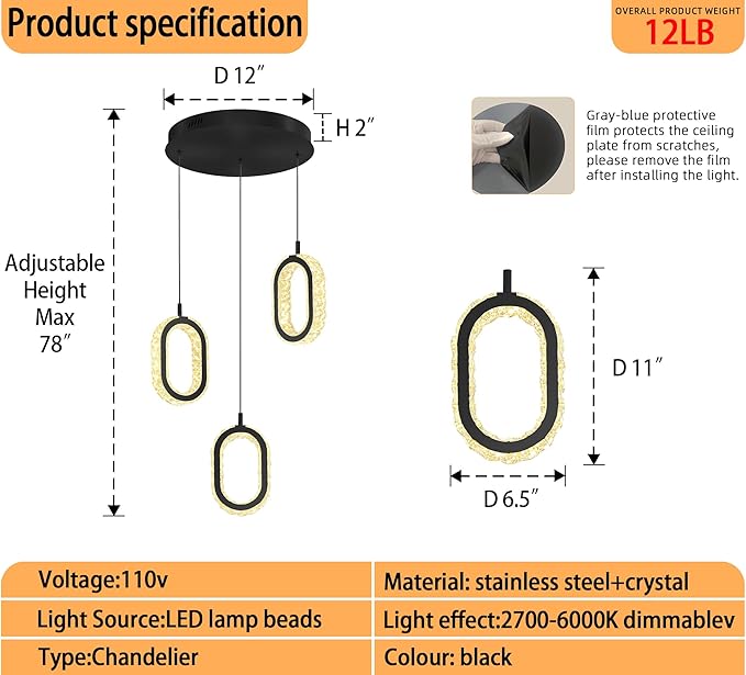 Oval Ring Chandelier Modern LED Pendant Lights for Kitchen Island Adjustable Crystal Ring Chandelier for Dining Room Bedroom Living Room 3-Light Black