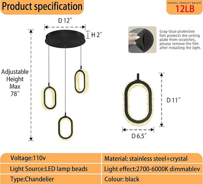 Oval Ring Chandelier Modern LED Pendant Lights for Kitchen Island Adjustable Crystal Ring Chandelier for Dining Room Bedroom Living Room 3-Light Black