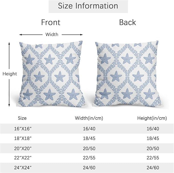 Coastal Pillow Covers 22x22 Set of 2 Ocean Starfish Pattern Decorative Light Blue Pillowcases Outdoor Beachy Throw Pillow Covers with Zipper Soft Cozy for Sofa Bed Chair Living Room Home Decor