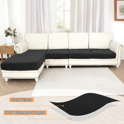 NAISI Waterproof Couch Cushion Covers Thick Velvet Fabric Washable Sofa Slipcovers Sectional Couch Covers for 4 Pieces Separate L Shape Couch Cover with Elastic Bottom(3 Seater + 1 Chaise,Black)
