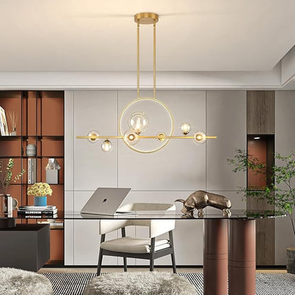 Modern 7-Light Gold Kitchen Island Light for Dining Room, 37.4" Minimalist Dimmable LED Linear Pendant Lights with Globe Glass Shade, Ceiling Light Fixture Hanging for Dining Room, Office, Kitchen