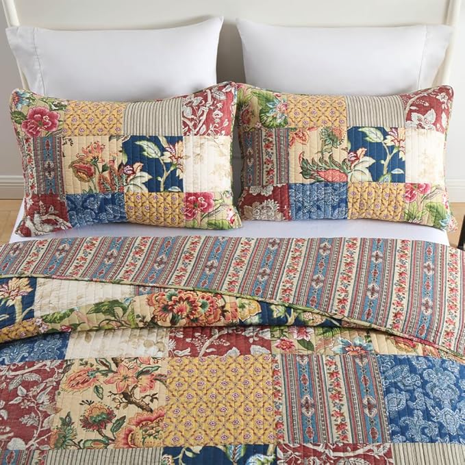 Cotton Bedspread Quilt Sets Reversible Bedding Coverlet Sets 3 Pieces Gorgeous Rustic Vintage Floral Red Yellow Patchwork Bedspread, Queen Size