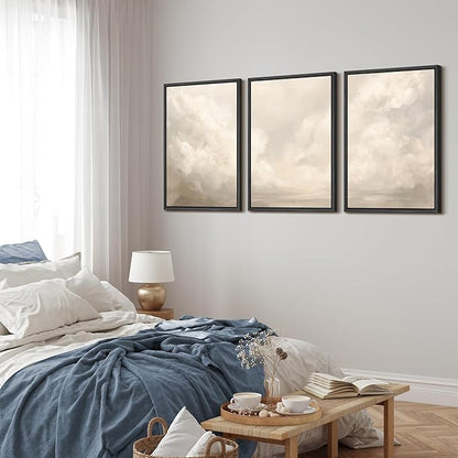 MUDECOR Framed Wall Art Print Set Neutral Cloudscape Soft Beige Abstract Sky Illustrations Modern Art Boho Decorative Colorful Chic for Living Room, Bedroom, Office - 16"x24"x3 Black