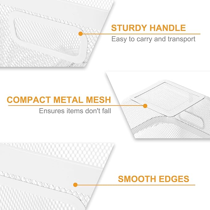 6 Pack Metal Mesh Basket with Hollow Handles White Wire Storage Bin for Organizing Stackable Metal Fine Mesh Basket for Pantry Bathroom Kitchen Cabinets Shelves