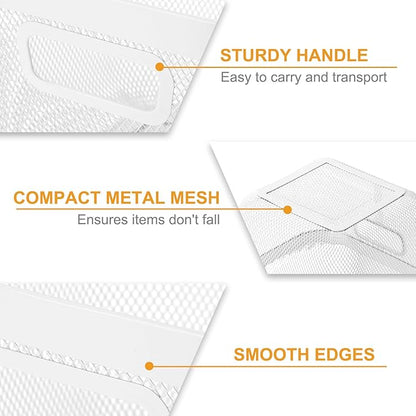 1 Pack Metal Mesh Basket with Hollow Handles White Wire Storage Bin for Organizing Stackable Metal Fine Mesh Basket for Pantry Bathroom Kitchen Cabinets Shelves (Medium)