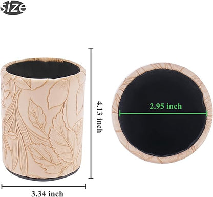 PU Leather Pen Holder Round Flash Makeup Brush Holder Desktop Pencil Storage Holder Gift for Desk Office Classroom Home(1-Carved Light Brown)
