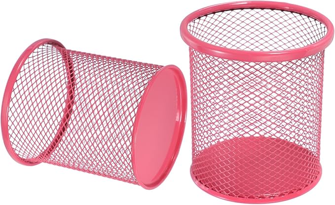 uxcell 2Pcs Mesh Pencil Holder, Metal Pen Cup Desk Organizer Makeup Brush Cup Holder for Home, Office, Classroom(Red)
