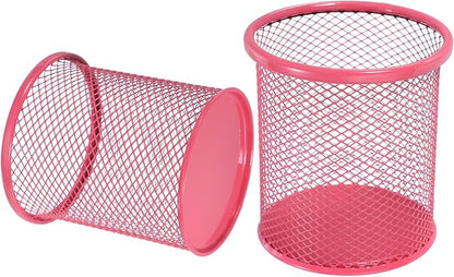 uxcell 2Pcs Mesh Pencil Holder, Metal Pen Cup Desk Organizer Makeup Brush Cup Holder for Home, Office, Classroom(Red)