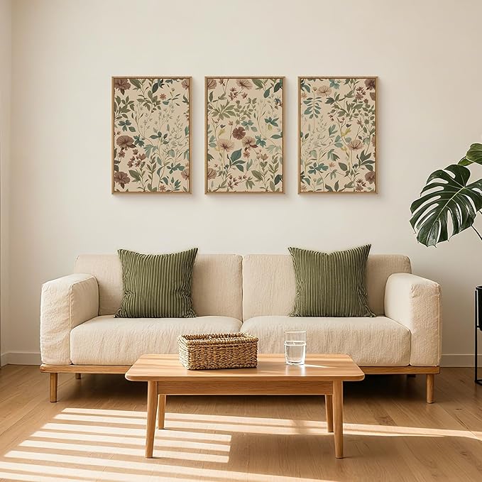 Aryroi Large Abstract Vintage Floral Framed Canvas Wall Art Set,Boho Retro Neutral Wildflower Wall Decor,Mid Century Antique Flower Botanical Artwork for Living Room,Bedroom,Farmhouse- 24"x36"x3