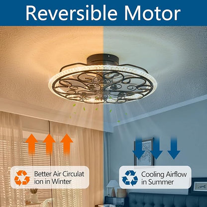 Black Flower Caged Ceiling Fan with Light, Rustic Industrial Ceiling Fan with Lights and Remote, LED Low Profile Ceiling Fan with Light for Bedroom Kitchen Living Room