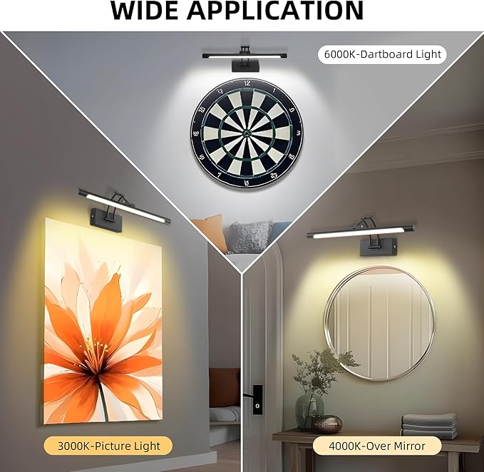 16“ Black Wireless Picture Lights for Wall, Battery Operated Picture Light with Remote Timer, Rechargeable Art Lighting for Paintings 3000K/4000K/6000K Dimmable Frame Photo Dartboard Gallery Light
