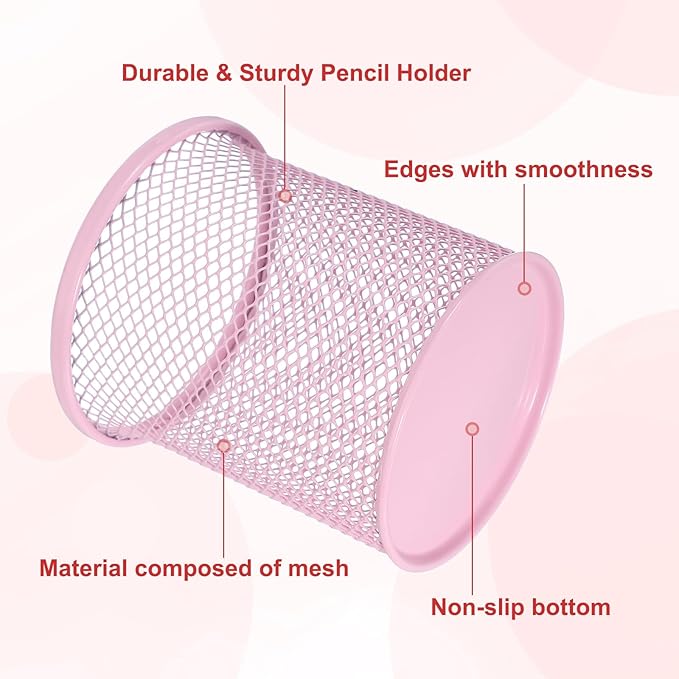 uxcell 2Pcs Mesh Pencil Holder, Metal Pen Cup Desk Organizer Makeup Brush Cup Holder for Home, Office, Classroom(Pink)