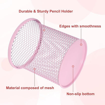 uxcell 2Pcs Mesh Pencil Holder, Metal Pen Cup Desk Organizer Makeup Brush Cup Holder for Home, Office, Classroom(Pink)