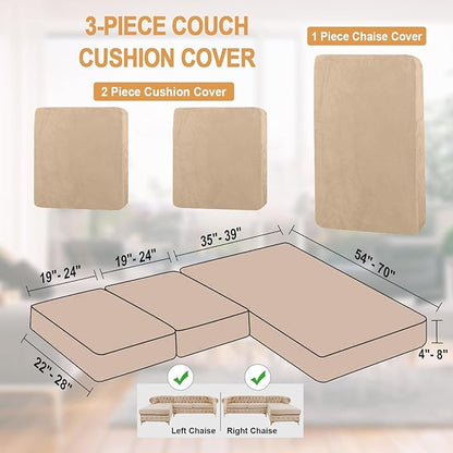 NAISI Sectional Couch Cover 3 Pieces Velvet Separate Couch Cushion Covers L Shape Soft Stretch Sofa Slipcovers with 2pcs Pillowcases for Left/Right Chaise Sectional Couch(2 Seater+1 Chaise,Camel)