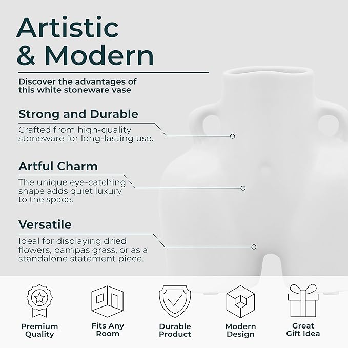 Sagebrook Home Modern Glam Decorative Vase - Unique Body Shape Design - Stoneware Ceramic - Stylish Home & Office Accent - Perfect for Living Room, Bedroom, or Desk - 6" White