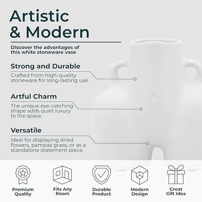 Sagebrook Home Modern Glam Decorative Vase - Unique Body Shape Design - Stoneware Ceramic - Stylish Home & Office Accent - Perfect for Living Room, Bedroom, or Desk - 6" White