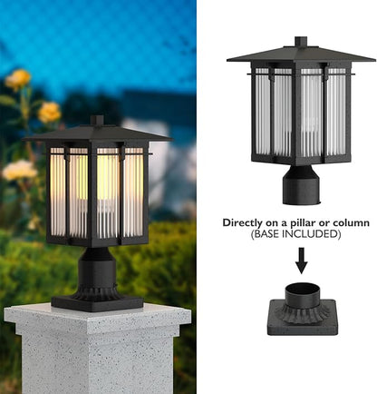 Modern Outdoor Post Light, Aluminum Lamp Post Light Fixture with Ribbed Glass, Soptted Black Outside Pole Lighting with 3-Inch Pier Mount Base for Yard Porch Pathway (14.2''H, 1 pc)