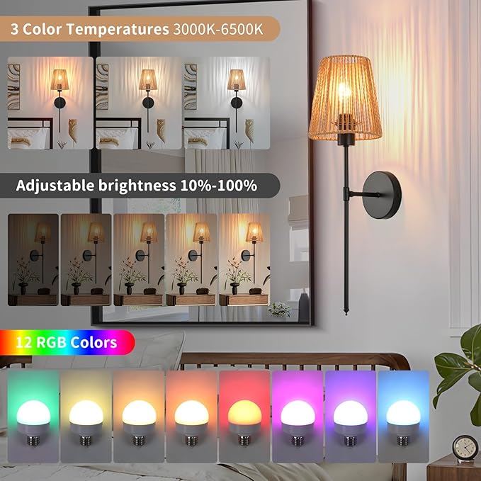 Battery Operated Wall Sconces Set of two, Black Rattan Shade Wireless Wall Lights with Remote Rechargeable Bulbs, 15 Colors and Dimmable, Cordless Battery Powered Wall Lamp for Living Room Bedroom