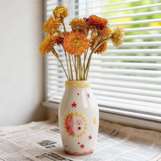 Cute Boho Small Cream Ceramic Bud Vase, Sun and Moon Round Decorative Vase for Dried Flowers/Single Rose/Pampas Grass, Modern Table Vase for Entryway Dining Coffee Table, Unique Home Gift