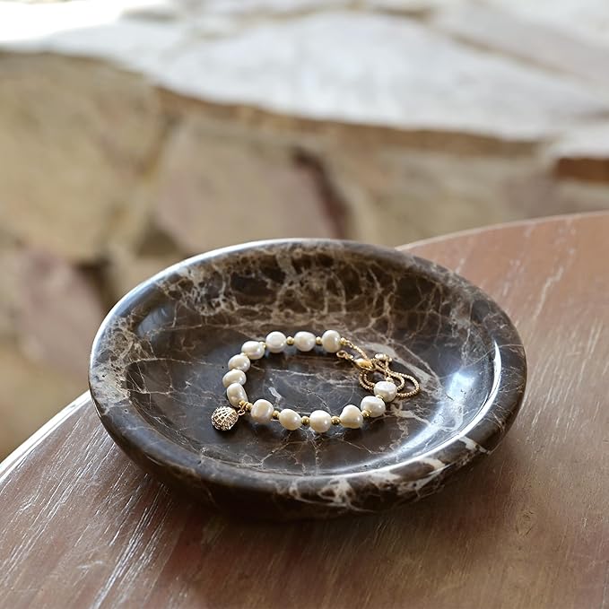 ZSHAWN Natural Marble Ring Dish Jewelry Tray – 5.5" Trinket Dish for Rings Earrings Necklace, Scratch-Resistant Vanity Organizer, Elegant Gift for Women (Emperador Dark)
