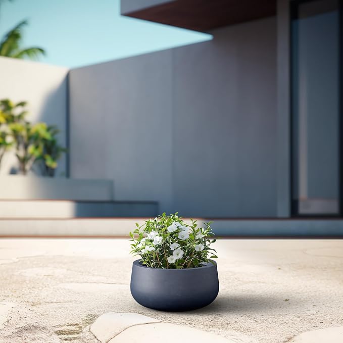 Kante 15.7" Dia Round Concrete Planter, Outdoor Indoor Garden Plant Pots with Drainage Hole and Rubber Plug, Modern Curvaceous Design, Charcoal