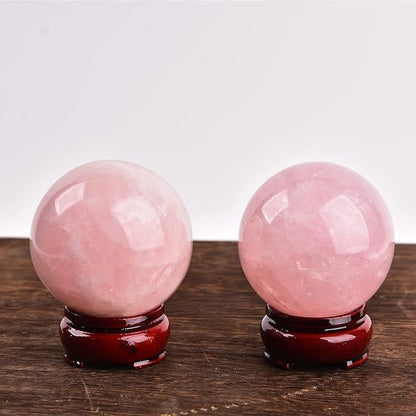 JIC Gem 2.5 Inch Natural Pink Rose Quartz Magic Crystal Healing Ball Ornament Sphere with Wood Stand for Decoration, Meditation, Scrying Mirror, Feng Shui.