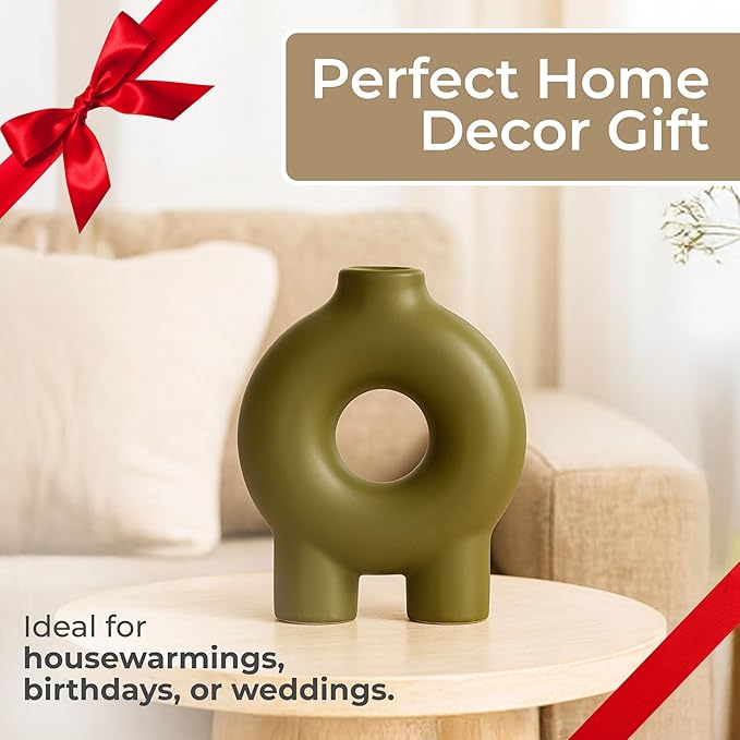 Modern Geometric Ceramic Vase – Stoneware Flower Holder with Unique Circular Design – Decorative Accent for Home Decor, Living Room, Bedroom, Office, Shelf & Table Display – 7", Olive Color
