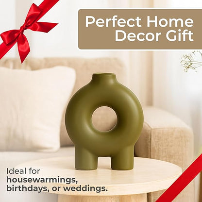 Modern Geometric Ceramic Vase – Stoneware Flower Holder with Unique Circular Design – Decorative Accent for Home Decor, Living Room, Bedroom, Office, Shelf & Table Display – 7", Olive Color