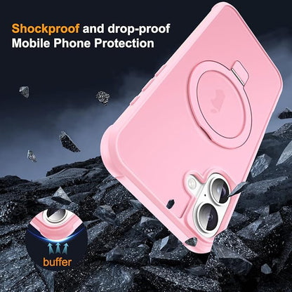 Compatible with iPhone 16 Case with Invisible Magnetic O-Ring Stand Military-Grade Translucent Case for iPhone 16 6.1" [Compatible with Mag-Safe][Great Grip Feeling], Pink