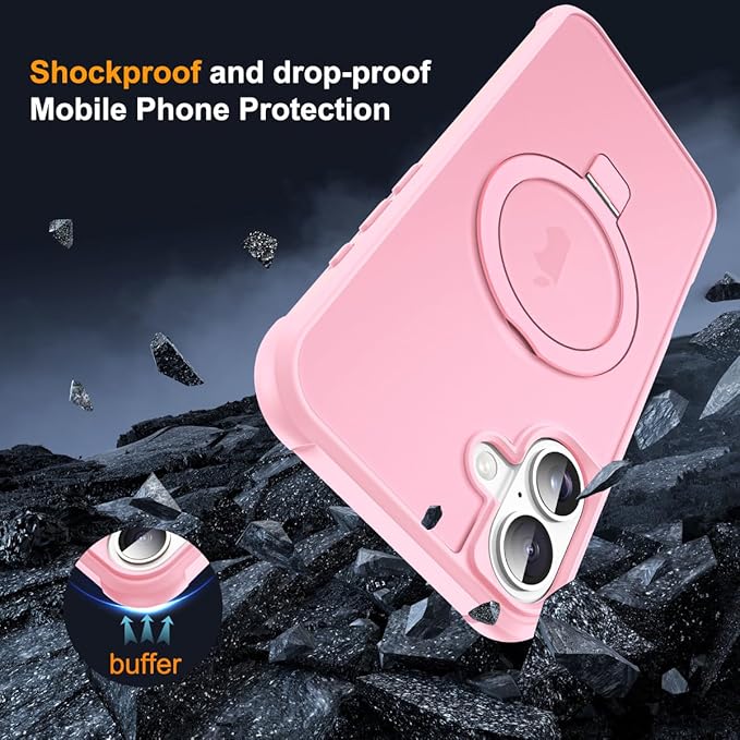 Compatible with iPhone 16 Plus Case with Invisible Magnetic O-Ring Stand Military-Grade Translucent Case for iPhone 16 Plus 6.7" [Compatible with Mag-Safe][Great Grip Feeling], Pink