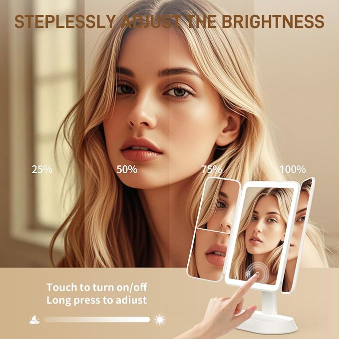 Vanity Mirror with Lights - Rechargeable Lighted Makeup Mirror | 1X/3X/5X Magnification, Smart Touch, 3 Colors Dimmable | Portable Trifold Mirror for Travel - Valentines Day Gifts for Her