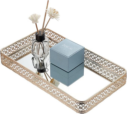 ELLDOO Gold Perfume & Makeup Vanity Tray - Hollow-Carved Jewelry Storage, Glass & Metal Trinket Organizer for Dresser & Bathroom Countertop, Large Size