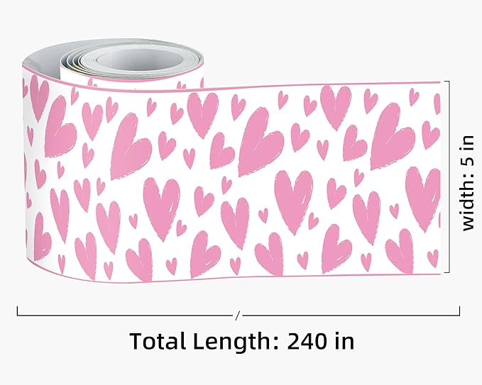 FLFK Pink Heart Wallpaper Border - Peel and Stick Wall Paper, Self Adhesive Removable PVC Borders Sticker, Modern Waterproof Trim for Home Decor, 5" x 240"
