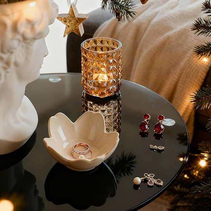 Pearl White Flower Jewelry Dish Ceramic Ring Holder Tray for Vanity, Small Ring Dish Trinket Bowl Aesthetic Nightstand/Bathroom Decor, Women's Gift for Christmas, Birthday, Mother's Day, Anniversary