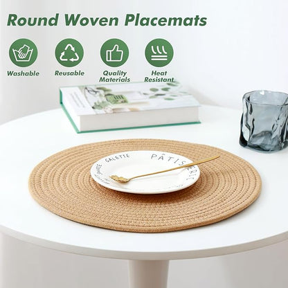 Round Woven Placemats Set of 8 Heat Resistant Placemats 13.5 Inches Farmhouse Cotton Rope Place Mats for Dining Tables Trivets for Hot Dishes, Brown