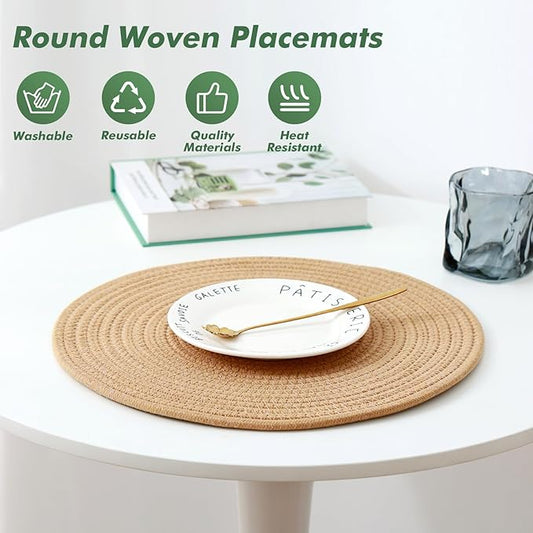 Round Woven Placemats Set of 8 Heat Resistant Placemats 13.5 Inches Farmhouse Cotton Rope Place Mats for Dining Tables Trivets for Hot Dishes, Brown